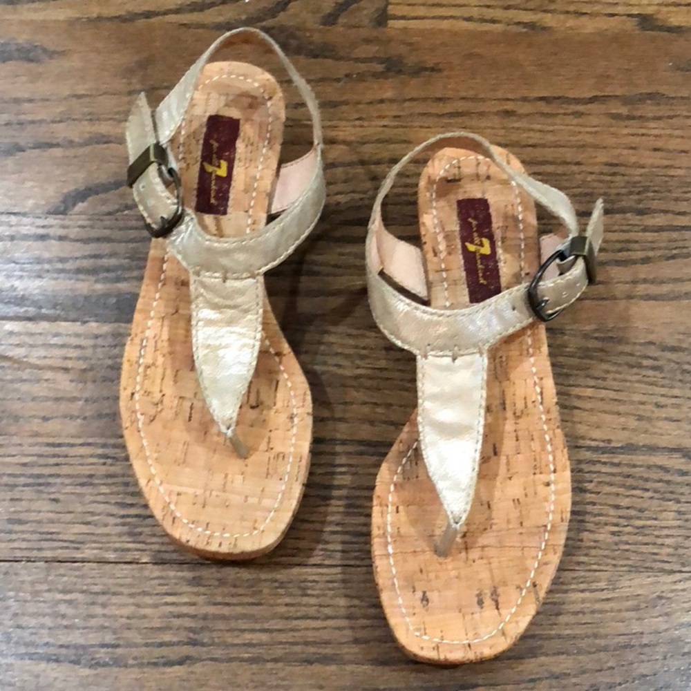 NWT 7 for All Mankind gold wedge sandals. Size 6.